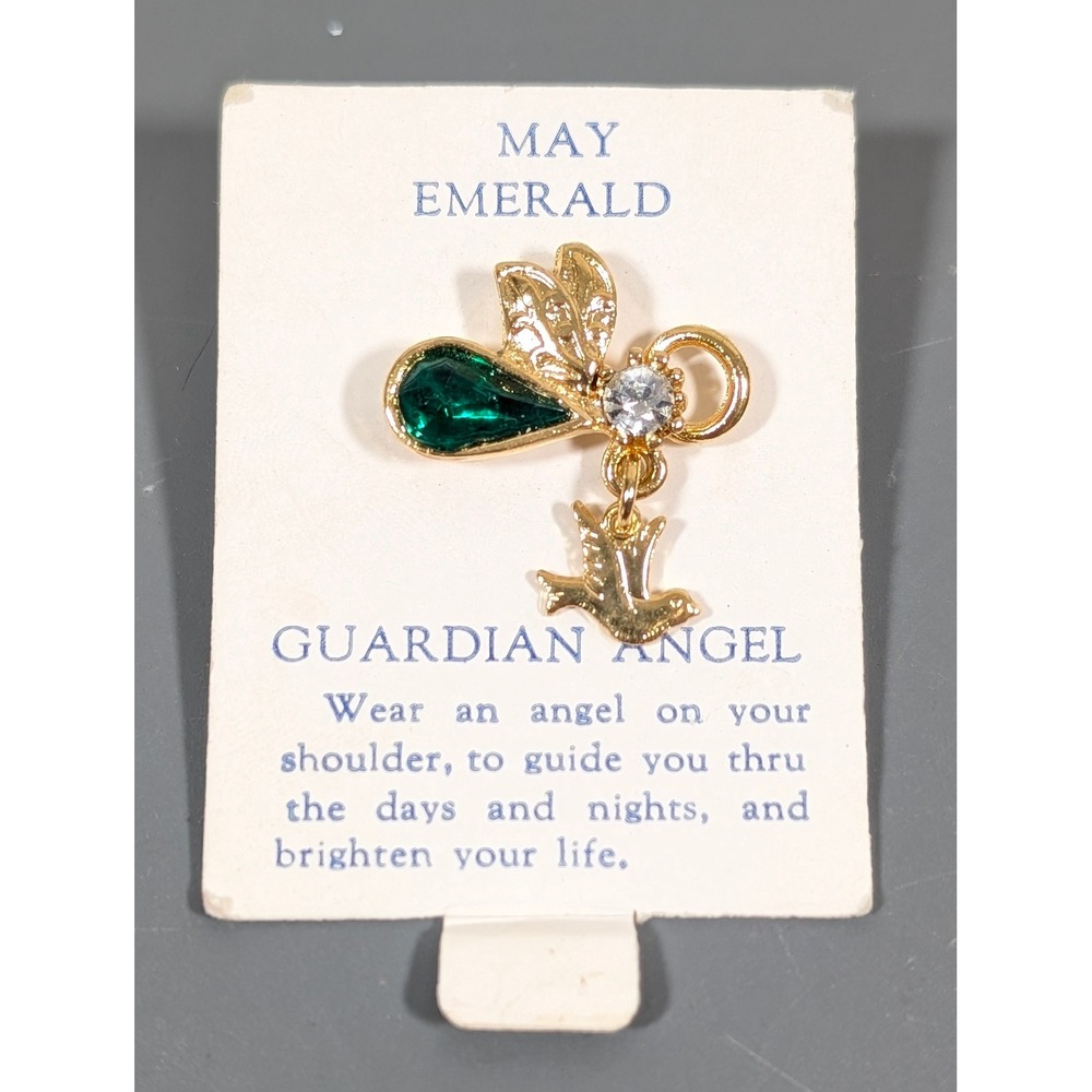Vintage Guardian Angel Dove Pin May Emerald Birthstone‎ Gold Tone Lapel Tack